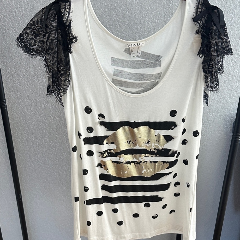 VENUS White Top with Black Lace Sleeves and Gold Accents
